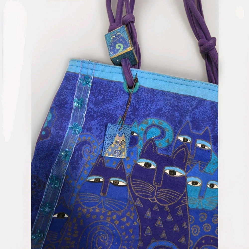 Laurel Burch Blue Indigo Cats Painted Canvas Bag  Double Handle Purse Tote - Picture 2 of 7